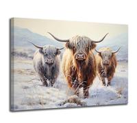 GLOKAKA Highland Cattle Wall Art Three Cow Yak in Winter Snow Farm Wheat Field Picture Print Painting Country Cow Animal Rustic Winter Farm Scene Artwork for Bathroom Decor