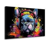 GLOKAKA Hip-Hop Dog Graffiti Wall Art,Kids Room Wall Decor,Funny Colorful Animal Picture Print,French Bulldog with Headphone Pop Art,Bedroom,Bathroom Wall Decor Painting-18 x12