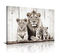 GLOKAKA Lion Family Canvas Wall Art Black and White Lion Lioness and Cub Picture on Wood Background Print Painting Modern Animal Wall Decor for Living Room Bedroom