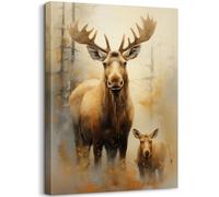 GLOKAKA Moose Wall Art Mother Moose And Baby Canvas Print Picture Cabin Wall Art Rustic Farmhouse Country House Elk Wildlife Animal Painting for Living Room Bedroom Decor