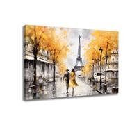 GLOKAKA Paris Eiffel Tower Wall Art Yellow Tree Romantic Paris Couple in City Street Canvas Wall Decor Modern City Painting Print on Canvas Artwork for Bedroom Bathroom Decor