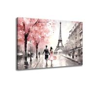 GLOKAKA Paris Eiffel Tower Wall Decor Black White and Pink Tree Couple in Street Eiffel Tower Oil Painting Canvas Contemporary Wall Art for Girls Bedroom Home Wall Decoration