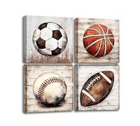 GLOKAKA Sport Canvas Wall Art Decor Rustic Boys Room Wall Art Wooden Background Vintage Football Soccer Baseball Basketball Canvas Pictures Boys Bedroom Wall Decor (16"x 16"x 4 Panels)