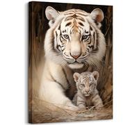 GLOKAKA White Tiger Canvas Wall Art Tiger Mother and Baby Lovely Cats Animal Picture Painting Large Animal Family Wall Decor Gallery Artwork for Bedroom Living Room Ready to Hang