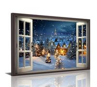 GLOKAKA Window View Christmas Canvas Wall Art,Winter Snow Home Window Frame Style,Christmas Tree Winter Forest Holidays Landscape Decor for Living Room, Bedroom, Office