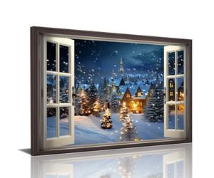 GLOKAKA Window View Christmas Canvas Wall Art,Winter Snow Home Window Frame Style,Christmas Tree Winter Forest Holidays Landscape Decor for Living Room, Bedroom, Office
