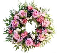 Glomc Spring door Wreath Artificial Flowers With Roses Blueberries Hydrangeas, Handmade Silk Floral Garland For Front Door Wedding Home Decor, Pink 45X45cm(20 inch)
