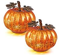 Glooglitter 2 Pcs Fall Thanksgiving Glass Pumpkin Halloween Light up Mercury Glass Pumpkins Orange Pumpkin Light with Timer LED Battery Operated Lit Pumpkin for Home Table Decor Centerpieces Kitchen