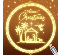 Glooglitter 9.45 Inch Christmas Decorative Window Lights with Remote Timer USB Powered Nativity Scene Hanging Lights Xmas Silhouette Nativity Window Decor Indoor Christian Jesus Religious Sign