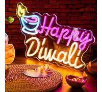 Glooglitter Diwali Neon Sign Festival Oil Lamp Shape LED Light Signs Backdrop Decorations for Home Neon Signs for Wall Room Bedroom Decor (Happy Diwali)