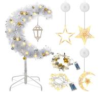 Glooglitter Eid Outdoor Decoration 3ft Lighted Ramadan Mubarak Crescent Tree with Star String LED Artificial Moon Tree for Eid Ramadan Garden Home Outdoor Party Decor(Silver)