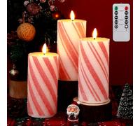 Glooglitter Set of 3 Christmas Flameless LED Candle Frosting Candy Cane Stripe Holiday Pillar Taper Moving Candles Battery Operated Flame Candle with Remote Control for Home Xmas Wedding Decoration