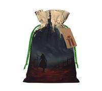 (Gloomy Castle and Witch) Printed Christmas S Size Gift Bags with Green Ribbon Drawstring Candy Bags for Kids Xmas Holiday Christmas Eve Presents