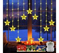 GLOONITY Christmas Window Lights with 3 PCS Xmas Cards, 76Leds 9 Stars Curtain Lights Battery Operated with Timer & 8 Mode, IP65 Waterproof Curtain Lights for Christmas Window Decorations, Warm White