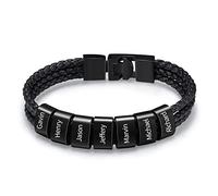 Glooraca Personalised Mens Name Bracelets Custom Braid Leather Bracelet with 1-8 Names Engraved Custom Name Bracelet for Father Husband Gifts (Black, 3 Names)