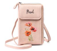 Glooraca Personalised Phone Wallet Bag Custom Name Birthflower Purse With Zipper Mobile Phone Wallet Bags for Women Mum Girlfriend (Pink)