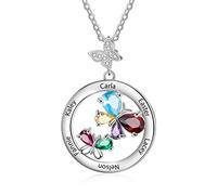 Glooraca Personalized Butterfly Necklace with 1-6 Names and Simulated Birthstones Silver Adjustable Pendant Necklace for Women Wife Girls Valentine's Day Christmas Birthday Gift (5 Stones)
