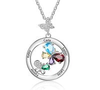 Glooraca Personalized Butterfly Necklace with 1-6 Names and Simulated Birthstones Silver Adjustable Pendant Necklace for Women Wife Girls Valentine's Day Christmas Birthday Gift (4 Stones)