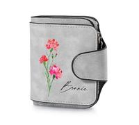 GLOPGEAR Personalized Women's Wallet with Photo and Name - Custom Initial Flower Purse with Engraving - RFID Zipper Wallet - Birthday Gift for Her, Mom, Wife, Girlfriend, Daughter, Style 3-light Grey
