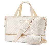 Gloppie 39L Foldable Travel Duffel Bag - Waterproof Gym Holdall & Mum Hospital Bag for Women Weekend Overnight Carry on Tote Bag with Shoes Compartment & Makeup Bag, 2 Pcs Set (Beige)