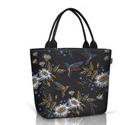 Gloppie Reusable Insulated Lunch Bag Foldable Cooler Bag Waterproof Thermal Lunch Tote Bags Leak-Proof for Girls Women Picnic Work School Travel, Black & Humming-Bird