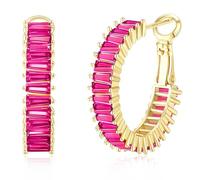GLOQUAT Gold Pink Earrings Fuchsia Hoops for Women 14K Gold Plated Hot Pink Hoops Fuchsia Cubic Zirconia Baguette Earring Fashion Hot Pink Crystal Earrings for Women Neon Pink Jewelry