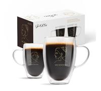 GLORAMA Couple’s Glass Insulated Coffee Mugs - 2 Durable Double-Wall Glass Coffee Mugs with Line-Art Inscriptions - Cool- & Dry-to-the-Touch Insulated Glass Coffee Mugs (14oz)