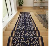 Gloria Non Slip Rubber Back Pet Friendly Floral Design Carpet Stair Treads Stairway mats (13, Navy)