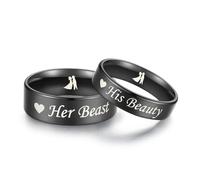 Gloriginal Amazing His Beauty Her Beast Titanium Stainless Steel Couple Ring Set Anniversary Engagement Promise Ring, Stainless Steel, No Gemstone