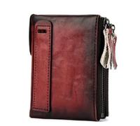 Glorixen Retro Genuine Leather Wallet for Men Double Zipper Compact RFID Blocking Travel Organizer, Red, Vintage