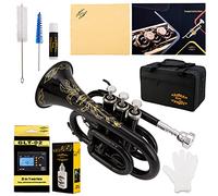 Glory Bb Pocket Trumpet with Case, Tuner, Cleaning Cloth, Gloves, Black