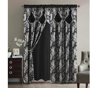 GLORY RUGS Jacquard Luxury Window 2 Panel Set Black Curtain with Attached Valance and Backing Bedroom Living Room Dining 2 Curtains 55x84 inches Each Jana