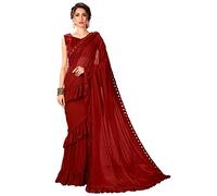 Glory Sarees Women's Ruffle Saree Lycra Fabric With Blouse Piece, Maroon, One Size