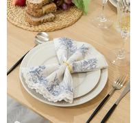 GLORY SEASON Classic French Village Printed Linen Fabric Cloth Reusable Napkin with Elegant Lace Washable Cloth Dinner Napkins 6 Pack 18X18 Inch Soft,Natural for Dinners,Parties,Wedding,Everyday Use