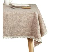 GLORY SEASON Linen Rustic Burlap Washable Tablecloth,Solid Heavy Weight Tan 55 x 94 Rectangle Overlay Lace Edge Table Cover for Kitchen Dinning Decoration