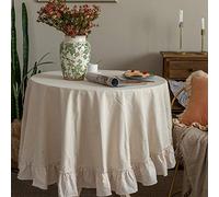 GLORY SEASON Retro Farmhouse Ruffle Tablecloth Cotton Flounces Trim Washable Table Cover Tablecloths For Round Table Baby Shower Kitchen Party Wedding Decor White, 70'' round