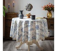 Glory Season Rustic Tablecloth Classic French Village Printed Linen Fabric Table Cover Farmhouse Decoration 60 Inches Round Blue for Kitchen Dining