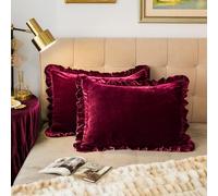GLORY SEASON Velvet Pillow Shams Set of 2 Retro Ruffle Flounces Trim Soft Decorative Luxurious Solid Amaranth Farmhouse Vintage Pillow Cases for Bedroom Decor Standard 20x26 Inch