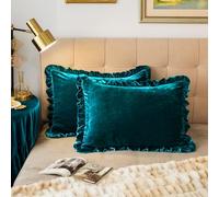 GLORY SEASON Velvet Pillow Shams Set of 2 Retro Ruffle Flounces Trim Soft Decorative Luxurious Solid Malachite Green Farmhouse Vintage Pillow Cases for Bedroom Decor Standard 20x26 Inch