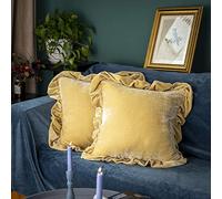 GLORY SEASON Velvet Throw Pillow Cover Soft Decorative Luxurious Solid Square Cushion Case for Sofa Couch Bedroom Farmhouse,Pack of 2, 18 x 18 Inches, Butter Yellow