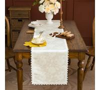 GLORY SEASON Waterproof Spillproof Table Runner with Lace Trim Luxurious Washable Long Tablecloth Farmhouse Tea Table Runner Dresser Scarves for Kitchen Dining Coffee Table Ivory White 14x36 Inch