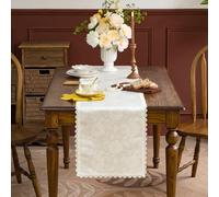 GLORY SEASON Waterproof Spillproof Table Runner with Lace Trim Luxurious Washable Long Tablecloth Farmhouse Tea Table Runner Dresser Scarves for Kitchen Dining Coffee Table Ivory White, 14x72 Inch