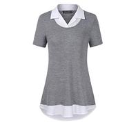 GloryStar Women's Long Sleeve Contrast Collared Shirts Patchwork Work Blouse Tunics Tops, 1-light Grey-2, Medium