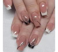 Gloss & Go 24 Reusable Artificial Fake Nail Set| Peach Black White Color And Diamond Design| Lightweight & Long Lasting| Easy To Use| Quick Fix For Festivals & Special Occasions