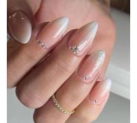 Gloss & Go 24 Reusable Artificial Fake Nail Set| Peach Color With Silver Zari And Rhinestone Design Almond Glossy Nails| Lightweight & Long Lasting| Quick Fix For Festivals & Special Occasions