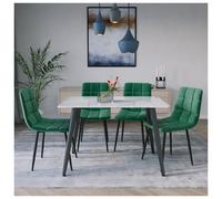 URBNLIVING 120cm Modern Ceramic Top Dining Table & 4 Comfortable Plush Velvet Chairs with Metal Legs Set for Kitchen, Dining Room