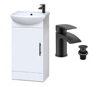 Gloss White 400mm Semi Recessed Vanity Basin Sink Unit Included Matt Black Sleek Waterfall Tap, Slotted Waste and Black Handle