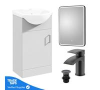 Gloss White 450mm Floor Standing 1-Door Vanity Unit & Round Basin With Matt Black Tap And Black Framed Mirror