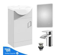 Gloss White 450mm Floor Standing 1-Door Vanity Unit & Round Basin With Round Chrome Tap And Ambient Mirror