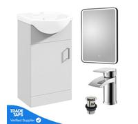 Gloss White 450mm Floor Standing 1-Door Vanity Unit & Round Basin With Round Chrome Tap And Black Framed Mirror